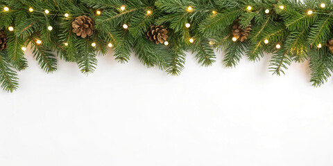 Seamless decorative christmas border with coniferous branches and garlands of christmas lights and ornaments cosmetics festival perfume background