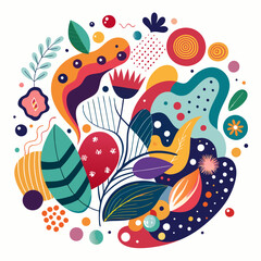 Abstract background with colorful organic shapes, dots, lines, and patterns with white background