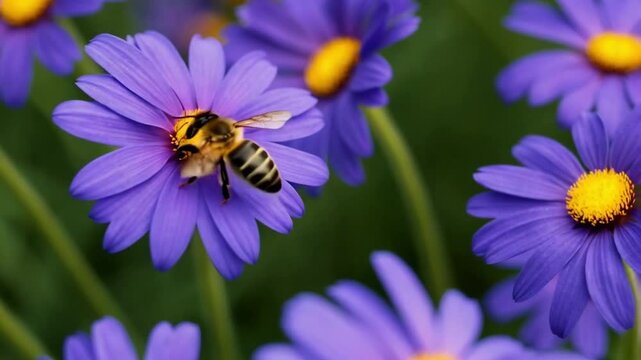 Bee, Flying on Flowers. closeup view. Slow-motion. purple violet daisy flowers