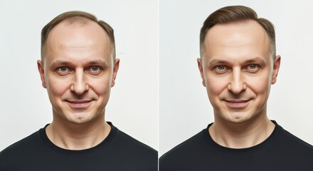 Transformation concept young adult caucasian male before after hair alteration
