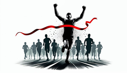 marathon runner finishes crossing the red tape
