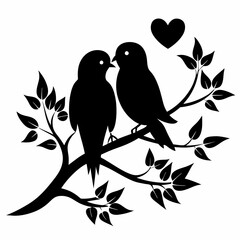 Lovebirds on a Branch Silhouette black silhouette vector illustration white background