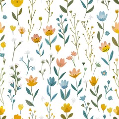 Pretty Pastel Floral Seamless Pattern Design Illustration Background Textile Fabric Spring Summer Yellow Blue Orange Peach Flowers Botanical Nature   
