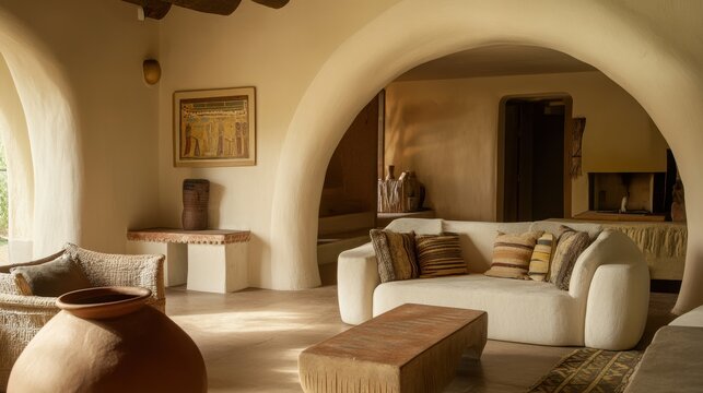 Stylish living area with rounded furniture and organic finishes enhances tranquil ambiance