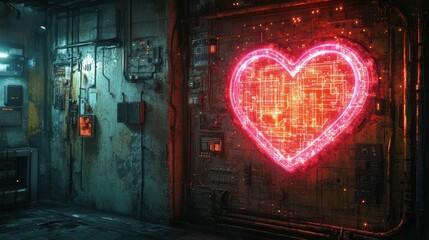 Glowing Neon Heart against a Futuristic Wall in Urban Environment