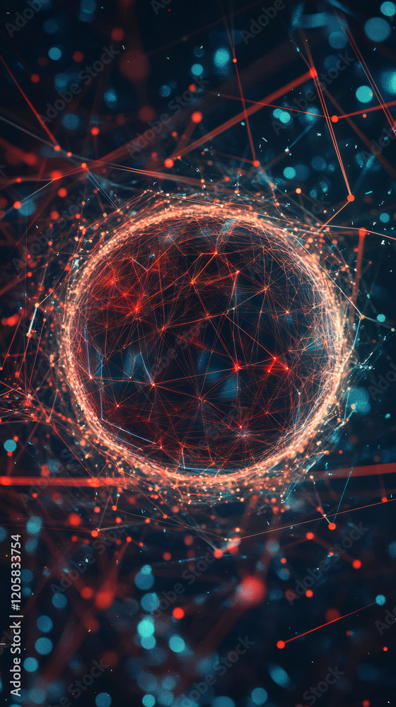 Aufkleber Intricate network of interconnected nodes and lines creating a luminous sphere, symbolizing global communication and data flow in digital space