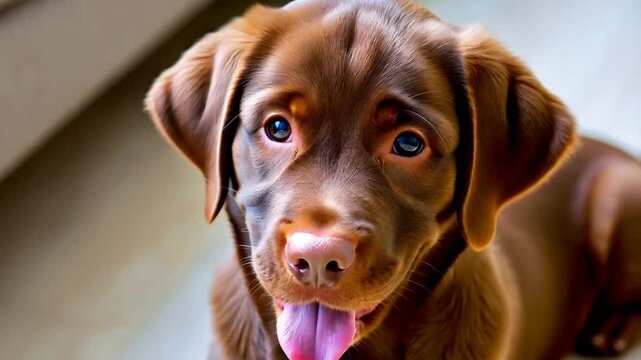 Labrador dog portrait. Brown retriever close-up, obedient puppy posing. Happy domestic animal concept, best friends, relaxing at home, breathing with tongue out