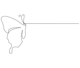 Continuous one line drawing of butterfly . Beautiful flying moth for wellbeing beauty or spa salon logo and divider concept in simple linear style . Concept vector art. Doodle line illustration.