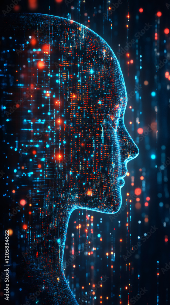 Poster Digital human face made of binary code, symbolizing artificial intelligence, machine learning, and data processing in the digital age