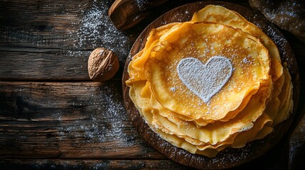 Overhead Shot of Golden Crepes with Creamy Fillings and Powdered Sugar on Rustic Wood with Blank Heart for Celebrating Special Moments