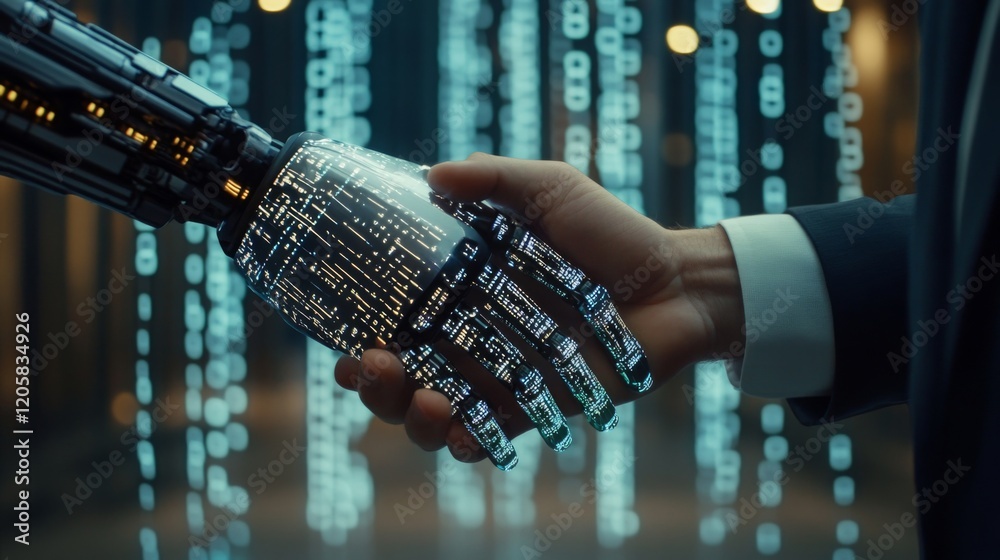 Aufkleber a futuristic scene depicting a human hand shaking with a robotic hand, symbolizing the merging of te