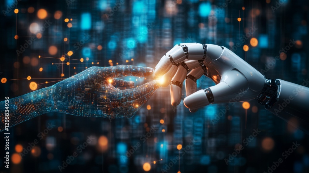 Poster a robotic hand and a human hand reach toward each other, symbolizing the intersection of technology 