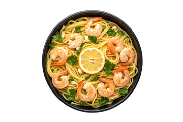 Lemon Garlic Shrimp Linguine in a Black Bowl on White Background, Seafood Pasta Dish, Italian Recipe