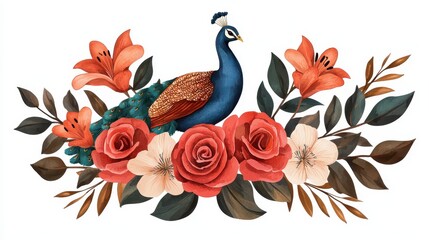 Obraz premium A vibrant peacock surrounded by colorful flowers, featuring roses and lilies, creating a beautiful and artistic floral arrangement.