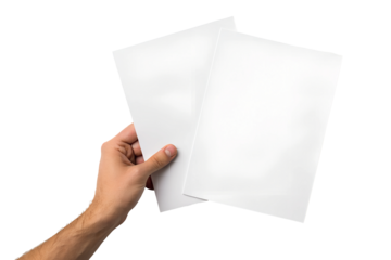 Male Hand Holding Two Blank Sheets of Paper on White Background, Document Display, Creative Design