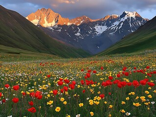 Fototapeta premium Majestic Sunset Over Vibrant Alpine Meadow With Blooming Wildflowers