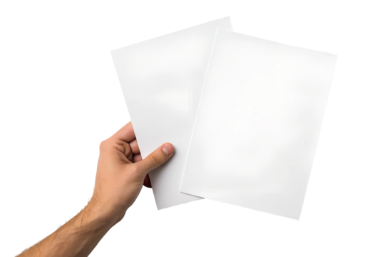 Male Hand Holding Two Blank Sheets of Paper on White Background, Document Display, Creative Design