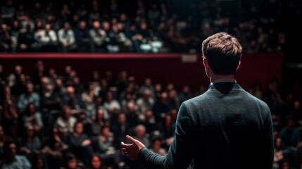 A speaker addresses a large audience in a dimly lit auditorium, creating an atmosphere of engagement and focus on the topic at hand.