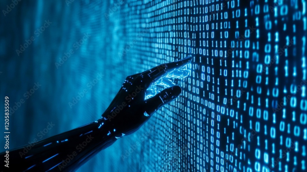 Leinwandbilder a futuristic robotic hand reaches out to a digital wall of binary code, symbolizing technology and d