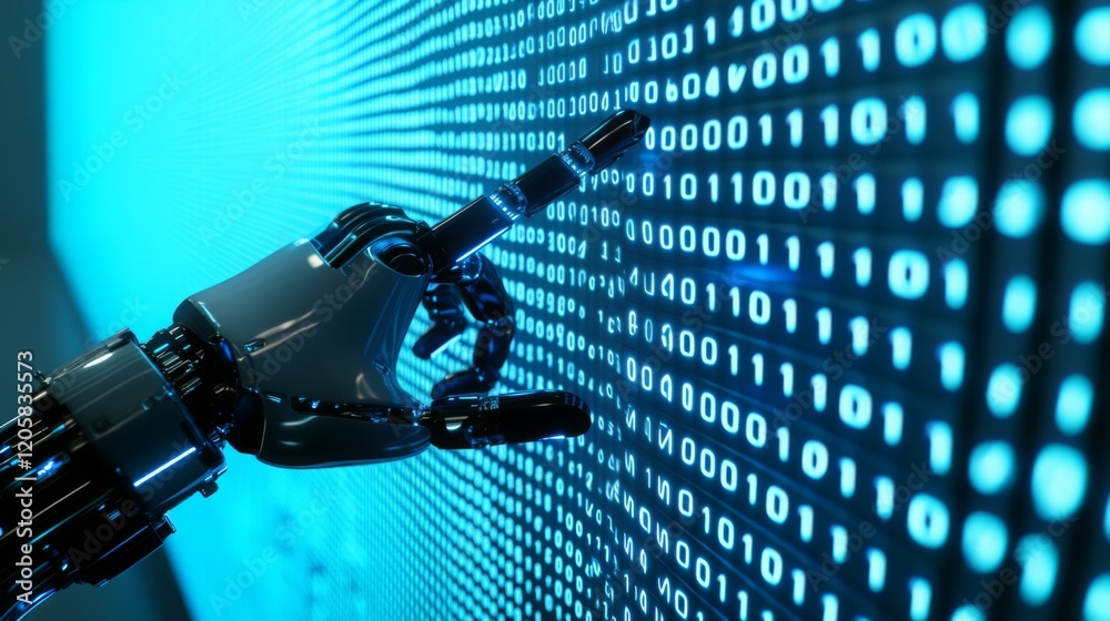 Poster a robotic hand reaches towards a digital wall of binary code, symbolizing the intersection of techno