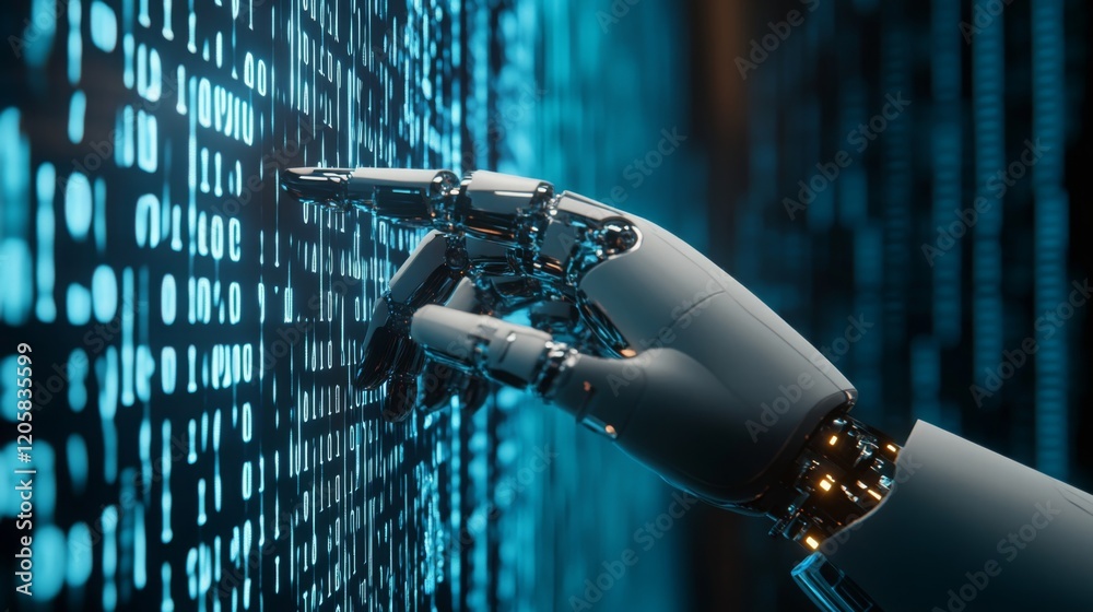 Poster a robotic hand reaches towards a wall of binary code, symbolizing the intersection of technology and