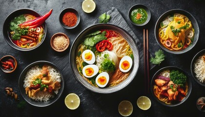 Gene"Flat-Lay of Assorted Asian Noodle Bowls with Fresh Garnishes"

rated image