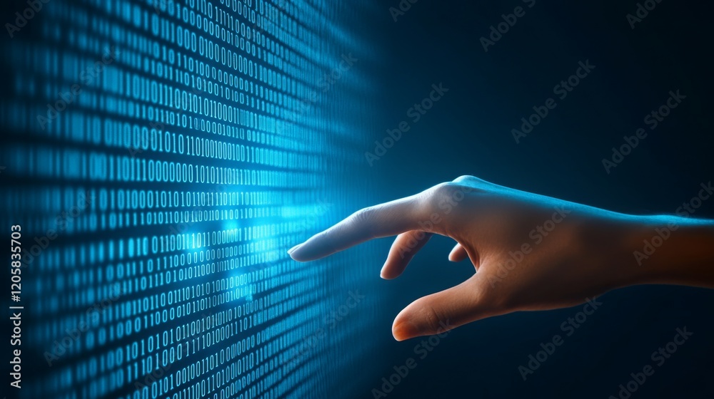 Poster a hand reaches towards a glowing digital binary code, symbolizing interaction with technology and da