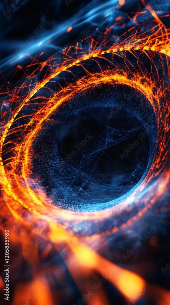 Aufkleber Vibrant orange-blue energy vortex spiraling, generating dynamic cosmic tunnel with interconnected linear network
