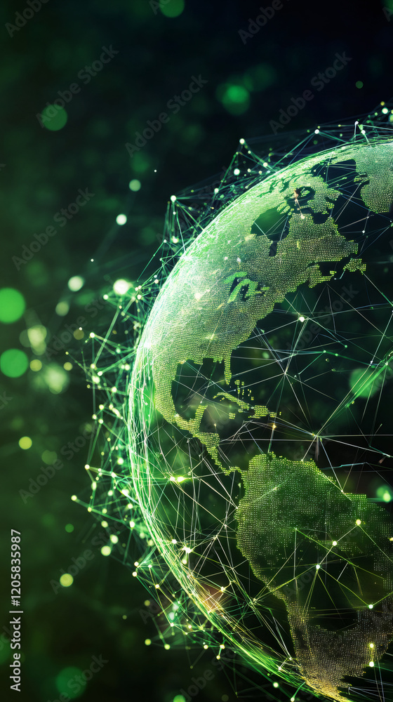 Leinwandbilder green planet earth rotating surrounded by network connection on bokeh background, perfect for techno