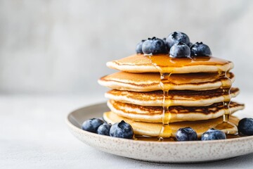 Homemade Pancakes stack with blueberries and honey on a modern ceramic plate. Classic blueberry pancake stack filled with syrup among gray concrete wall background. Sweet breakfast with berry, fruit.