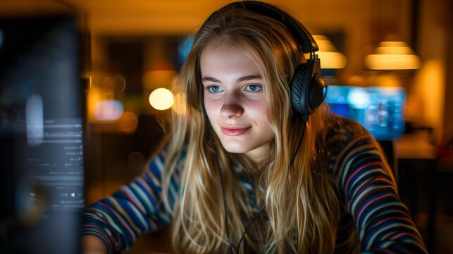 Late night productivity  a woman focused on work in a contemporary office setting with headset