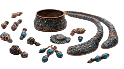 Stunning antique jewelry set featuring intricate designs and vibrant turquoise accents. transparent background