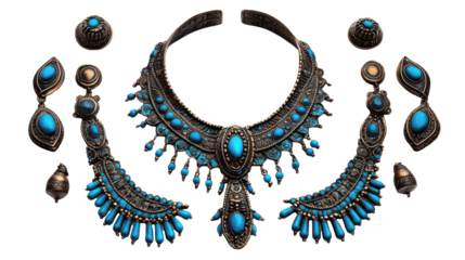 Intricate jewelry set featuring turquoise stones in antique metal design. transparent background