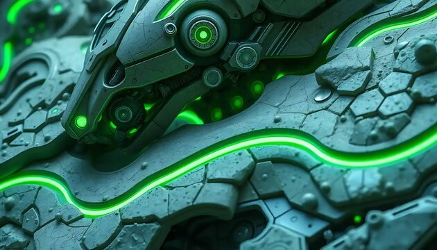 Crystalline Robotic Head Embedded In Green Luminous Stone