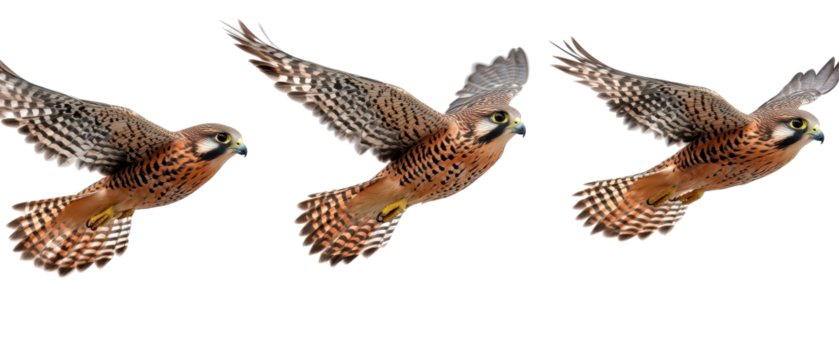 Three falcons in mid-flight showcasing their stunning plumage and grace. transparent background