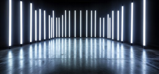 Obraz premium Abstract dark room, concrete floor, illuminated by vertical white neon lines, creating a stark and minimalist atmosphere, isolated on black background