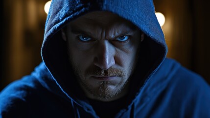 Intense Close-up of Man with Hood and Angry Expression in Dark Setting