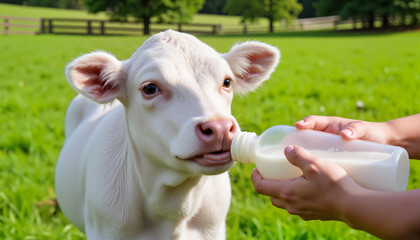Obraz premium Child feeding a small Holstein calf from a bottle, sunny day in a grassy field