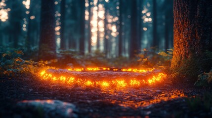 Enigmatic glowing ring in a dark forest at night