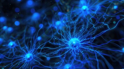 Obraz premium Abstract blue neural network with interconnected nodes and glowing elements.