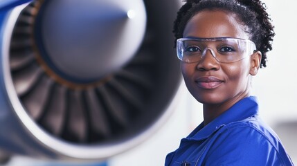 Confident Engineer in Safety Gear Standing in Front of an Aircraft Engine