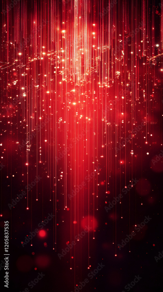 Poster Digital red environment featuring vertical light particle lines descending, ideal for festive background design