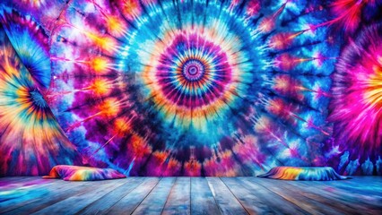Vibrant Tie-Dye Swirl Backdrop with Wooden Floor and Draped Fabric Displays