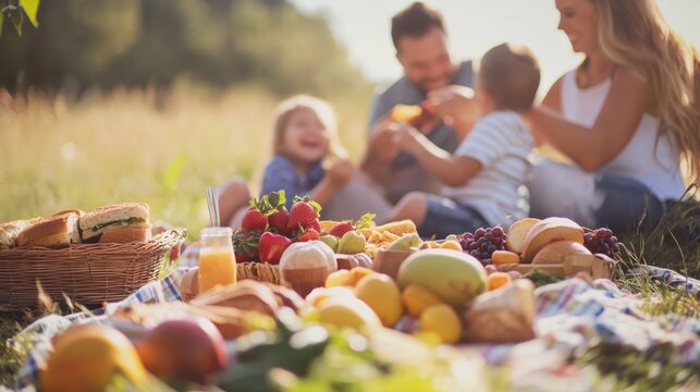 A family enjoying a picnic with healthy snacks, featuring fruits, vegetables
