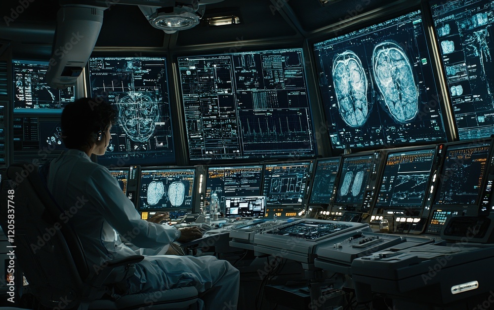 Poster focused scientist analyzing complex data and brain scans in a high-tech laboratory