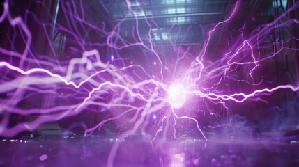 Naklejka premium Vibrant purple lightning bolts illuminating a dark space environment.