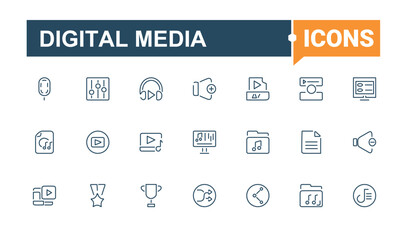 Digital Media icon set. Icons communication, speaker, mobile, movie, set, computer, button, line. Minimalistic icons. Editable stroke. Vector illustration.