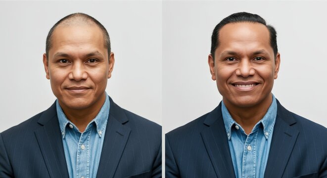 Transformation of mature hispanic male from bald to full hair in formal attire for professional identity exploration