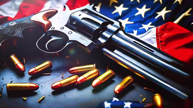 Close-Up of Revolver Handgun with American Flag Background