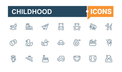 Set of Childhood line icons. Contains related to cute, school, baby, girl, graphic and more. Pixel perfect. Vector icons editable stroke.